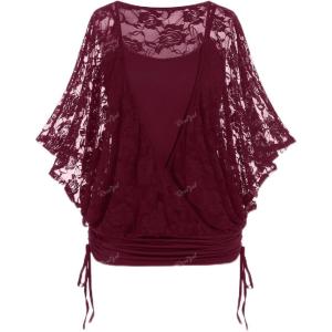 ROSE GAL Women Plus Size Cinched Ruched Batwing Sleeves Lace 2 in 1 Tee Blouson Top(Red_1)