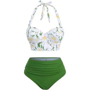 ROSE GAL Women Plus Size Daisy Print Bikini Halter Push Up Two Piece Swimsuit Tummy Control Bathing Suit(Green)
