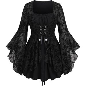 ROSE GAL Women Plus Size Flare Sleeves Ruffles Flower Lace Up 2 in 1 Top(Black_5)