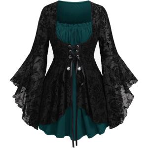 ROSE GAL Women Plus Size Flare Sleeves Ruffles Flower Lace Up 2 in 1 Top(Blue_3)