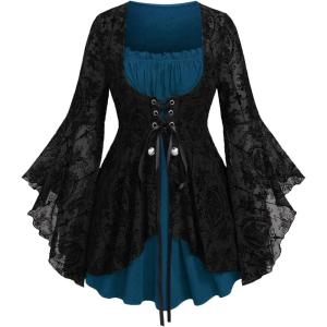 ROSE GAL Women Plus Size Flare Sleeves Ruffles Flower Lace Up 2 in 1 Top(Blue_6)