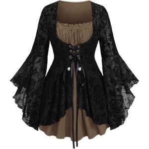ROSE GAL Women Plus Size Flare Sleeves Ruffles Flower Lace Up 2 in 1 Top(Brown_1)