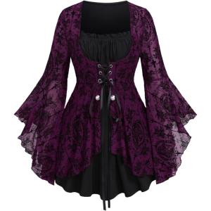 ROSE GAL Women Plus Size Flare Sleeves Ruffles Flower Lace Up 2 in 1 Top(Concord_1)