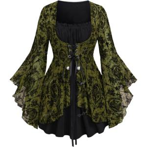 ROSE GAL Women Plus Size Flare Sleeves Ruffles Flower Lace Up 2 in 1 Top(Deep Green_1)