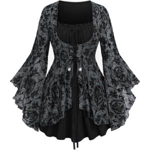 ROSE GAL Women Plus Size Flare Sleeves Ruffles Flower Lace Up 2 in 1 Top(Gray_1)