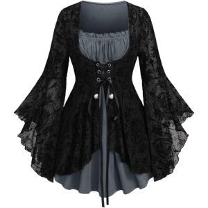 ROSE GAL Women Plus Size Flare Sleeves Ruffles Flower Lace Up 2 in 1 Top(Gray_2)