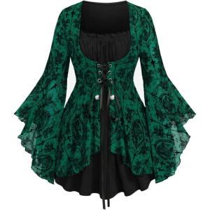 ROSE GAL Women Plus Size Flare Sleeves Ruffles Flower Lace Up 2 in 1 Top(Green_2)