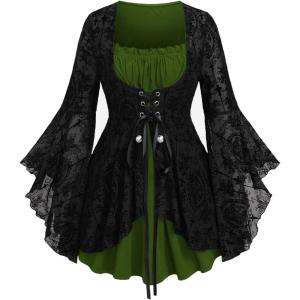 ROSE GAL Women Plus Size Flare Sleeves Ruffles Flower Lace Up 2 in 1 Top(Green_4)
