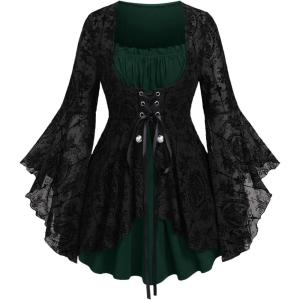 ROSE GAL Women Plus Size Flare Sleeves Ruffles Flower Lace Up 2 in 1 Top(Green_6)