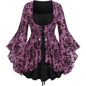 ROSE GAL Women Plus Size Flare Sleeves Ruffles Flower Lace Up 2 in 1 Top(Light Pink_1)
