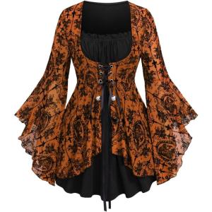 ROSE GAL Women Plus Size Flare Sleeves Ruffles Flower Lace Up 2 in 1 Top(Orange_1)