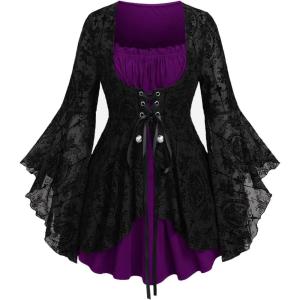 ROSE GAL Women Plus Size Flare Sleeves Ruffles Flower Lace Up 2 in 1 Top(Purple_3)
