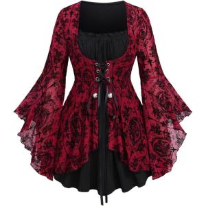 ROSE GAL Women Plus Size Flare Sleeves Ruffles Flower Lace Up 2 in 1 Top(Red_2)