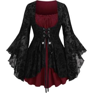 ROSE GAL Women Plus Size Flare Sleeves Ruffles Flower Lace Up 2 in 1 Top(Red_3)