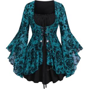 ROSE GAL Women Plus Size Flare Sleeves Ruffles Flower Lace Up 2 in 1 Top(Sky Blue_1)