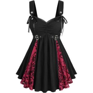 ROSE GAL Women Plus Size Floral Mesh Flocking Patchwork Textured Ruched Gothic Flowy Tank Top(Black)
