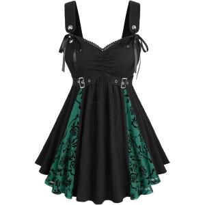 ROSE GAL Women Plus Size Floral Mesh Flocking Patchwork Textured Ruched Gothic Flowy Tank Top(Green)
