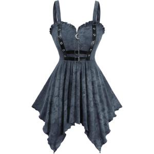 ROSE GAL Women Plus Size Floral Ruffled Half Zip Handkerchief Hem Gothic Swing Tank Top(Blue)