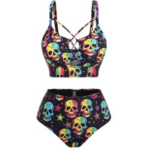 ROSE GAL Women Plus Size Goth Bikini Set Skulls Stars Print Strappy High Waisted Swimsuits(Black_1)