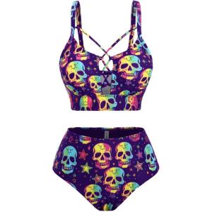 ROSE GAL Women Plus Size Goth Bikini Set Skulls Stars Print Strappy High Waisted Swimsuits(Purple_4)