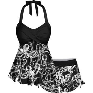 ROSE GAL Women Plus Size Goth Two Piece Tankini Swimsuit Set Funny Octopus Print Halter Twist Cinched Ruched Boyleg Swimsuits