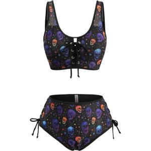 ROSE GAL Women Plus Size Gothic Bikini Sets Skull Stars Print Two Piece Bathing Suits Lace-up Swimwear(Black)