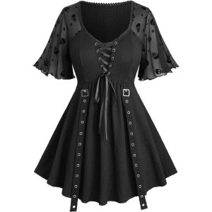ROSE GAL Women Plus Size Gothic Blouse Skulls Mesh Flocking Flutter Sleeves Lace Up Crinkle Textured Goth Swing Top(Black)