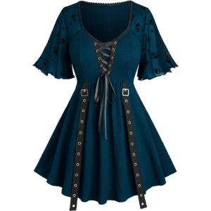 ROSE GAL Women Plus Size Gothic Blouse Skulls Mesh Flocking Flutter Sleeves Lace Up Crinkle Textured Goth Swing Top(Deep Green)