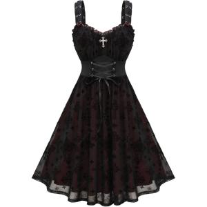 ROSE GAL Women Plus Size Gothic Cross Mesh Overlay Lace Panel Ruffles Midi Dress Vinatge Goth Dress(Black_1)