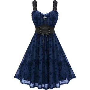 ROSE GAL Women Plus Size Gothic Cross Mesh Overlay Lace Panel Ruffles Midi Dress Vinatge Goth Dress(Blue_1)