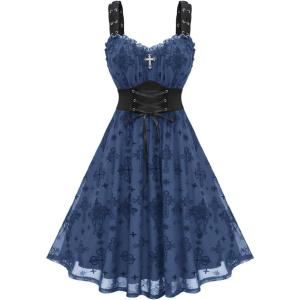 ROSE GAL Women Plus Size Gothic Cross Mesh Overlay Lace Panel Ruffles Midi Dress Vinatge Goth Dress(Blue_3)