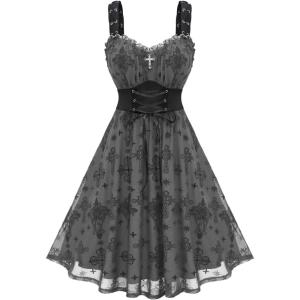 ROSE GAL Women Plus Size Gothic Cross Mesh Overlay Lace Panel Ruffles Midi Dress Vinatge Goth Dress(Gray_1)