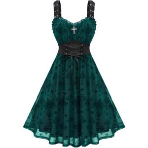ROSE GAL Women Plus Size Gothic Cross Mesh Overlay Lace Panel Ruffles Midi Dress Vinatge Goth Dress(Green_1)