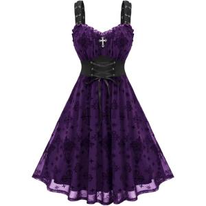 ROSE GAL Women Plus Size Gothic Cross Mesh Overlay Lace Panel Ruffles Midi Dress Vinatge Goth Dress(Purple_1)