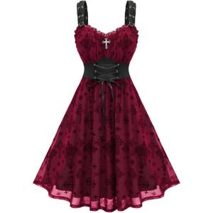 ROSE GAL Women Plus Size Gothic Cross Mesh Overlay Lace Panel Ruffles Midi Dress Vinatge Goth Dress(Red_1)