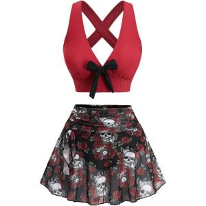 ROSE GAL Women Plus Size Gothic High Waisted Bikini Two Piece Swimsuit with Skirt Tummy Control Bathing Suit(Red)