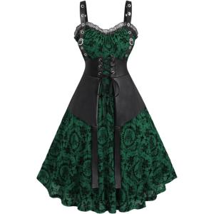 ROSE GAL Women Plus Size Gothic Lace-up PU Leather Patchwork Flocking Midi Dress Buckles Lace Trim Vintage Goth Midi Dress(Green_1)