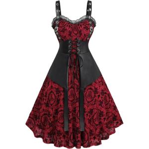 ROSE GAL Women Plus Size Gothic Lace-up PU Leather Patchwork Flocking Midi Dress Buckles Lace Trim Vintage Goth Midi Dress(Red_2)