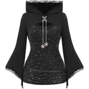 ROSE GAL Women Plus Size Gothic Punk Lace Panel Bell Sleeves Chains Hooded Strug and Textured Tank Top Set(Black_1)