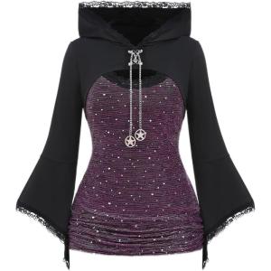 ROSE GAL Women Plus Size Gothic Punk Lace Panel Bell Sleeves Chains Hooded Strug and Textured Tank Top Set(Black_3)