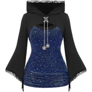 ROSE GAL Women Plus Size Gothic Punk Lace Panel Bell Sleeves Chains Hooded Strug and Textured Tank Top Set(Blue_1)