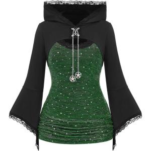 ROSE GAL Women Plus Size Gothic Punk Lace Panel Bell Sleeves Chains Hooded Strug and Textured Tank Top Set(Green_1)
