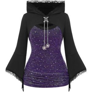 ROSE GAL Women Plus Size Gothic Punk Lace Panel Bell Sleeves Chains Hooded Strug and Textured Tank Top Set(Purple_1)