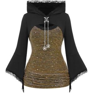 ROSE GAL Women Plus Size Gothic Punk Lace Panel Bell Sleeves Chains Hooded Strug and Textured Tank Top Set(Yellow_1)
