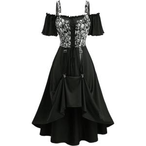 ROSE GAL Women Plus Size Gothic Steampunk Renaissance Cold Shoulder Midi Lace-up Skull Jacquard Corset Dress(Black)