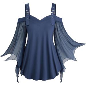 ROSE GAL Women Plus Size Gothic Top Buckle Straps Cold Shoulder Mesh Bell Sleeve Witch Halloween Costume Gothic Tee(Blue_1)