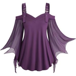 ROSE GAL Women Plus Size Gothic Top Buckle Straps Cold Shoulder Mesh Bell Sleeve Witch Halloween Costume Gothic Tee(Red_1)