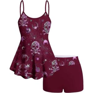 ROSE GAL Women Plus Size Gothic Tummy Control Modest Tankini Swimsuit Skulls Print Two Piece Bathing Suits(Red_1)