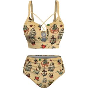 ROSE GAL Women Plus Size Hawaii Two Piece Bikini Swimsuit Sets Starfish Octopus Anchor Goth Strappy Swimwear(Coffee_1)