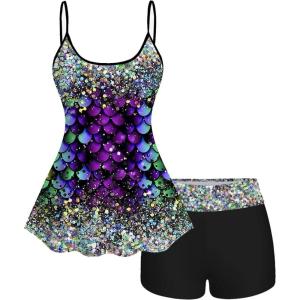 ROSE GAL Women Plus Size Hawaii Two Piece Tankini Swimsuit Set 3D Glitter Mermaid Print Padded Swimwear(Black_1)